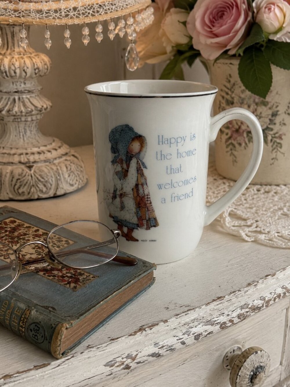 Vintage Holly Hobbie “Blue Girl” Porcelain Mug Made in Japan – 4” Silver Trim